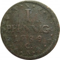 reverse of 1 Pfennig - Friedrich August III (1772 - 1806) coin with KM# 1000 from German States. Inscription: 1 PFENNIG 1788 C