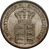 German States coin 1 Kreuzer - Karl I (1865 - 1873) obverse obverse of 1 Kreuzer - Karl I (1865 - 1873) coin with KM# 612 from German States. Inscription: K.WÜRTTEMBERG. SCHEIDEMÜNZE