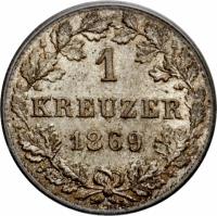 German States coin 1 Kreuzer - Karl I (1865 - 1873) reverse reverse of 1 Kreuzer - Karl I (1865 - 1873) coin with KM# 612 from German States. Inscription: 1 KREUZER 1869