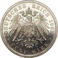 German States coin 5 Mark - Wilhelm II (1892 - 1913) reverse reverse of 5 Mark - Wilhelm II (1892 - 1913) coin with KM# 632 from German States. Inscription: DEUTSCHES REICH 1901 * FÜNF MARK *