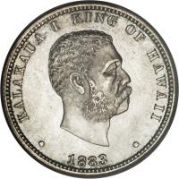 obverse of 1/4 Dollar - Kalākaua (1883) coin with KM# 5 from Hawaii. Inscription: KALAKAUA I KING OF HAWAII · 1883 ·