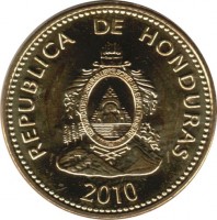 obverse of 5 Centavos - Magnetic (2010) coin with KM# 72.4a from Honduras. Inscription: REPUBLICA DE HONDURAS 2010