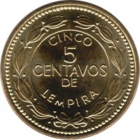 reverse of 5 Centavos - Magnetic (2010) coin with KM# 72.4a from Honduras. Inscription: CINCO 5 CENTAVOS DE LEMPIRA