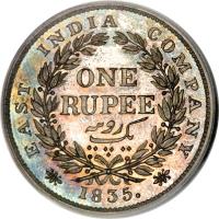 reverse of 1 Rupee - William IV (1835) coin with KM# 450 from India. Inscription: EAST INDIA COMPANY ONE RUPEE 1835.