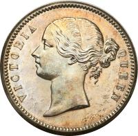 obverse of 1 Rupee - Victoria (1840) coin with KM# 458 from India. Inscription: VICTORIA QUEEN