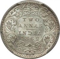 India coin 2 Annas - Victoria (1862 - 1876) reverse reverse of 2 Annas - Victoria (1862 - 1876) coin with KM# 469 from India. Inscription: T W O A N N A S I N D I A 1 8 6 2