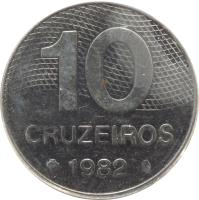 Brazil coin 10 Cruzeiros (1980 - 1986) reverse reverse of 10 Cruzeiros (1980 - 1986) coin with KM# 592 from Brazil. Inscription: 10 CRUZEIROS 1982
