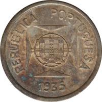 reverse of 1 Rupia (1935) coin with KM# 22 from India. Inscription: REPUBLICA PORTUGUESA 1935
