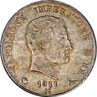 obverse of 5 Lire - Napoleon I (1807 - 1814) coin with KM# 10 from Italian States. Inscription: NAPOLEONE IMPERATORE E RE 1811 B