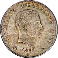 Italian States coin 5 Lire - Napoleon I (1807 - 1814) obverse obverse of 5 Lire - Napoleon I (1807 - 1814) coin with KM# 10 from Italian States. Inscription: NAPOLEONE IMPERATORE E RE 1811 B