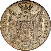 reverse of 5 Lire - Napoleon I (1807 - 1814) coin with KM# 10 from Italian States. Inscription: REGNO D'ITALIA 5.LIRE