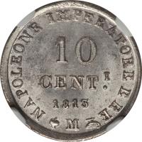 reverse of 10 Centesimi - Napoleon I (1808 - 1813) coin with C# 4 from Italian States. Inscription: NAPOLEONE IMPERATORE ERE 10 CENT 1813 M
