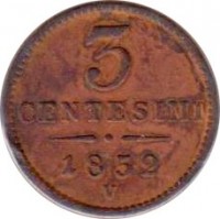 reverse of 3 Centesimi - Franz Joseph I (1852) coin with C# 30 from Italian States. Inscription: 3 CENTESIMI 1852 M