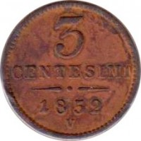 Italian States coin 3 Centesimi - Franz Joseph I (1852) reverse reverse of 3 Centesimi - Franz Joseph I (1852) coin with C# 30 from Italian States. Inscription: 3 CENTESIMI 1852 M