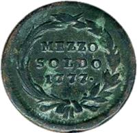 reverse of 1/2 Soldo - Maria Theresa (1776 - 1779) coin with KM# 184 from Italian States. Inscription: MEZZO SOLDO 1777 ·