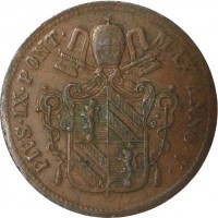 obverse of 1 Baiocco - Pius IX (1850 - 1853) coin with KM# 1345 from Italian States. Inscription: PIVS · IX · PONT · MAX · ANNO · V ·