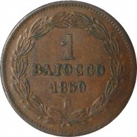 Italian States coin 1 Baiocco - Pius IX (1850 - 1853) reverse reverse of 1 Baiocco - Pius IX (1850 - 1853) coin with KM# 1345 from Italian States. Inscription: 1 BAIOCCO 1850 R