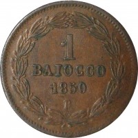 reverse of 1 Baiocco - Pius IX (1850 - 1853) coin with KM# 1345 from Italian States. Inscription: 1 BAIOCCO 1850 R