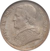obverse of 20 Baiocchi - Pius IX (1858 - 1865) coin with KM# 1360 from Italian States. Inscription: PIVS IX PONT. MAX.AN.XIX