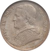 Italian States coin 20 Baiocchi - Pius IX (1858 - 1865) obverse obverse of 20 Baiocchi - Pius IX (1858 - 1865) coin with KM# 1360 from Italian States. Inscription: PIVS IX PONT. MAX.AN.XIX