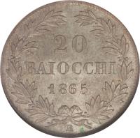 Italian States coin 20 Baiocchi - Pius IX (1858 - 1865) reverse reverse of 20 Baiocchi - Pius IX (1858 - 1865) coin with KM# 1360 from Italian States. Inscription: 20 BAIOCCHI 1865 R