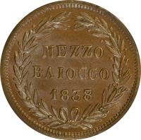 Italian States coin 1/2 Baiocco - Gregory XVI (1835 - 1845) reverse reverse of 1/2 Baiocco - Gregory XVI (1835 - 1845) coin with KM# 1319 from Italian States. Inscription: MEZZO BAIOCCO 1838/7