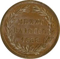 reverse of 1/2 Baiocco - Gregory XVI (1835 - 1845) coin with KM# 1319 from Italian States. Inscription: MEZZO BAIOCCO 1838/7