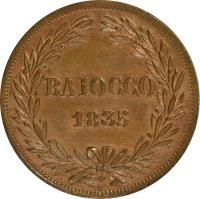 reverse of 1 Baiocco - Gregory XVI (1835 - 1845) coin with KM# 1320 from Italian States. Inscription: BAIOCCO 1835