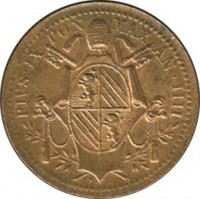 obverse of 1/2 Baiocco - Pius IX (1847 - 1850) coin with KM# 1340 from Italian States. Inscription: PIVS · IX PON MAX AN · IIII