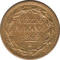 reverse of 1/2 Baiocco - Pius IX (1847 - 1850) coin with KM# 1340 from Italian States. Inscription: MEZZO BAIOCCO 1849 R