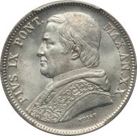 obverse of 20 Baiocchi - Pius IX (1865 - 1866) coin with KM# 1360a from Italian States. Inscription: PIVS IX PONT. / MAX.AN.XX
