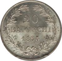 reverse of 20 Baiocchi - Pius IX (1865 - 1866) coin with KM# 1360a from Italian States. Inscription: 20 // Baiocchi // 1865