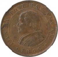 obverse of 2 Soldi / 10 Centesimi - Pius IX (1866 - 1867) coin with KM# 1373 from Italian States. Inscription: PIVS · IX · PONT · MAX · ANN · XXI * 1866 *