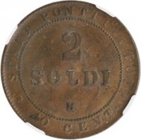 reverse of 2 Soldi / 10 Centesimi - Pius IX (1866 - 1867) coin with KM# 1373 from Italian States. Inscription: STATO PONTIFICIO 2 SOLDI R 10 · CENT ·