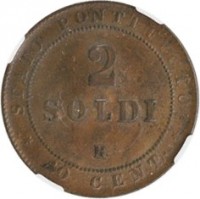 Italian States coin 2 Soldi / 10 Centesimi - Pius IX (1866 - 1867) reverse reverse of 2 Soldi / 10 Centesimi - Pius IX (1866 - 1867) coin with KM# 1373 from Italian States. Inscription: STATO PONTIFICIO 2 SOLDI R 10 · CENT ·