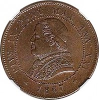 obverse of 4 Soldi - Pius IX (1866 - 1869) coin with KM# 1374 from Italian States. Inscription: PIVS · VII · PONT · MAX · ANN · XXI * 1867 *
