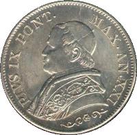 obverse of 1 Lira - Pius IX (1866) coin with KM# 1377 from Italian States. Inscription: PIVS IX PONT. MAX.AN.XXI