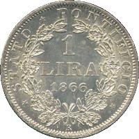 Italian States coin 1 Lira - Pius IX (1866) reverse reverse of 1 Lira - Pius IX (1866) coin with KM# 1377 from Italian States. Inscription: ★ STATO ★ PONTIFICIO ★ 1 LIRA 1866 R