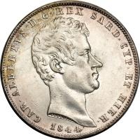 Italian States coin 5 Lire - Carlo Alberto (1831 - 1849) obverse obverse of 5 Lire - Carlo Alberto (1831 - 1849) coin with KM# 130 from Italian States. Inscription: CAR.ALBERTVS D.G.REX SARD.CYP.ET HIER · 1840