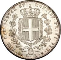 Italian States coin 5 Lire - Carlo Alberto (1831 - 1849) reverse reverse of 5 Lire - Carlo Alberto (1831 - 1849) coin with KM# 130 from Italian States. Inscription: DVX SAB · GENVAE ET MONTISF · PRINC · PED. & · P L 5