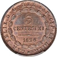 reverse of 3 Centesimi - Carlo Felice (1826) coin with KM# 126 from Italian States. Inscription: CAR · FELIX D · G · REX SAR · CYP · ET HIER · 3 CENTESIMI 1826