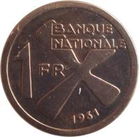 reverse of 1 Franc (1961) coin with KM# 1 from Katanga. Inscription: BANQUE NATIONALE 1 FR 1961