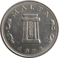 obverse of 5 Cents (1972 - 1981) coin with KM# 10 from Malta. Inscription: MALTA 1972