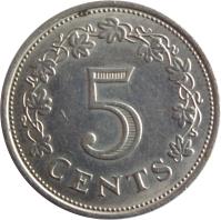 Malta coin 5 Cents (1972 - 1981) reverse reverse of 5 Cents (1972 - 1981) coin with KM# 10 from Malta. Inscription: 5 CENTS
