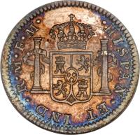 reverse of 1/2 Real - Carlos III (1772 - 1789) coin with KM# 69 from Mexico. Inscription: · HISPAN · ET IND · R · Mᴼ · F · F ·