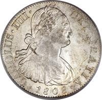 Mexico coin 8 Reales - Carlos IV (1791 - 1808) obverse obverse of 8 Reales - Carlos IV (1791 - 1808) coin with KM# 109 from Mexico. Inscription: CAROLUS · IIII · DEI · GRATIA · 1808 ·