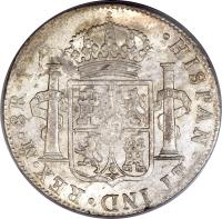 Mexico coin 8 Reales - Carlos IV (1791 - 1808) reverse reverse of 8 Reales - Carlos IV (1791 - 1808) coin with KM# 109 from Mexico. Inscription: · HISPAN · ET IND · REX · · 8R · P · J ·