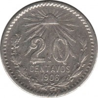 reverse of 20 Centavos (1905 - 1914) coin with KM# 435 from Mexico. Inscription: 20 CENTAVOS 1906