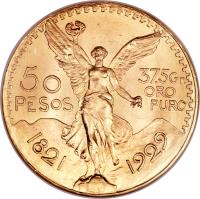 reverse of 50 Pesos - Centennial of Independence (1921 - 1947) coin with KM# 481 from Mexico. Inscription: 50 PESOS 1821 1929 37,5 Gr. ORO PURO