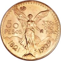 Mexico coin 50 Pesos - Centennial of Independence (1921 - 1947) reverse reverse of 50 Pesos - Centennial of Independence (1921 - 1947) coin with KM# 481 from Mexico. Inscription: 50 PESOS 1821 1929 37,5 Gr. ORO PURO
